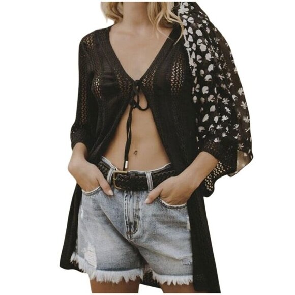 Elan crochet kimono cardigan coverup black ties in front size XS NWT - Picture 8 of 13